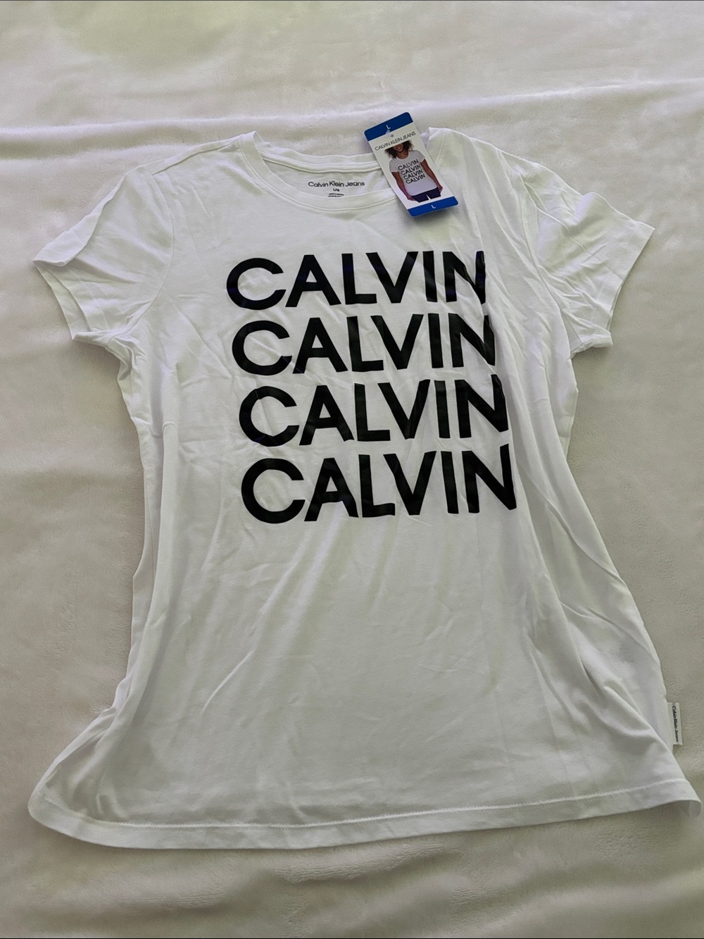 Calvin Klein White Short-Sleeve Tee with Black Stacked 'CALVIN' Logo